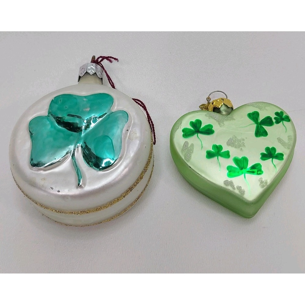 2 Mercury Glass Ornaments Clovers  Hand Painted
